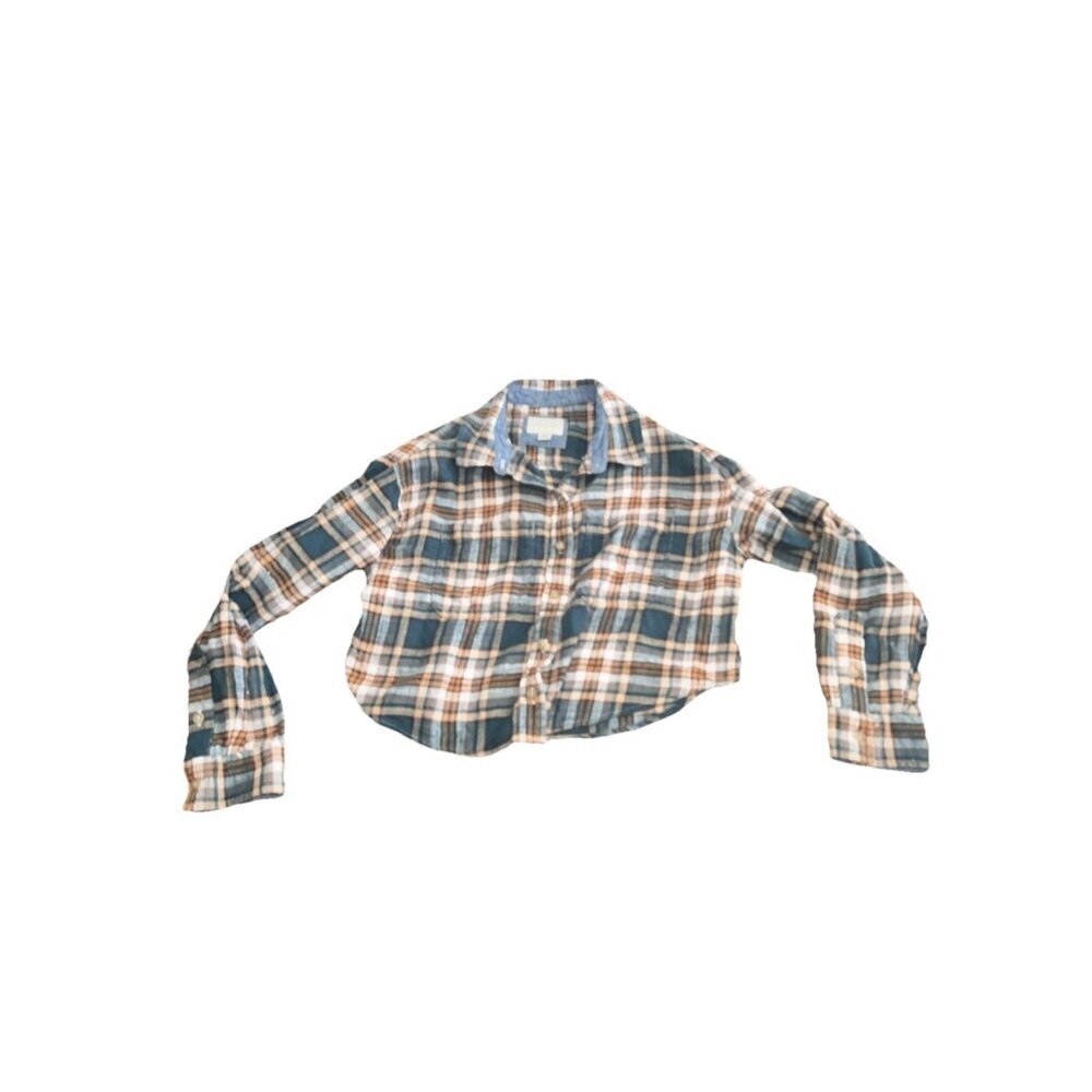 American Eagle Womens Small Flannel Plaid Shirt Crop Cropped Long Sleeve S EUC